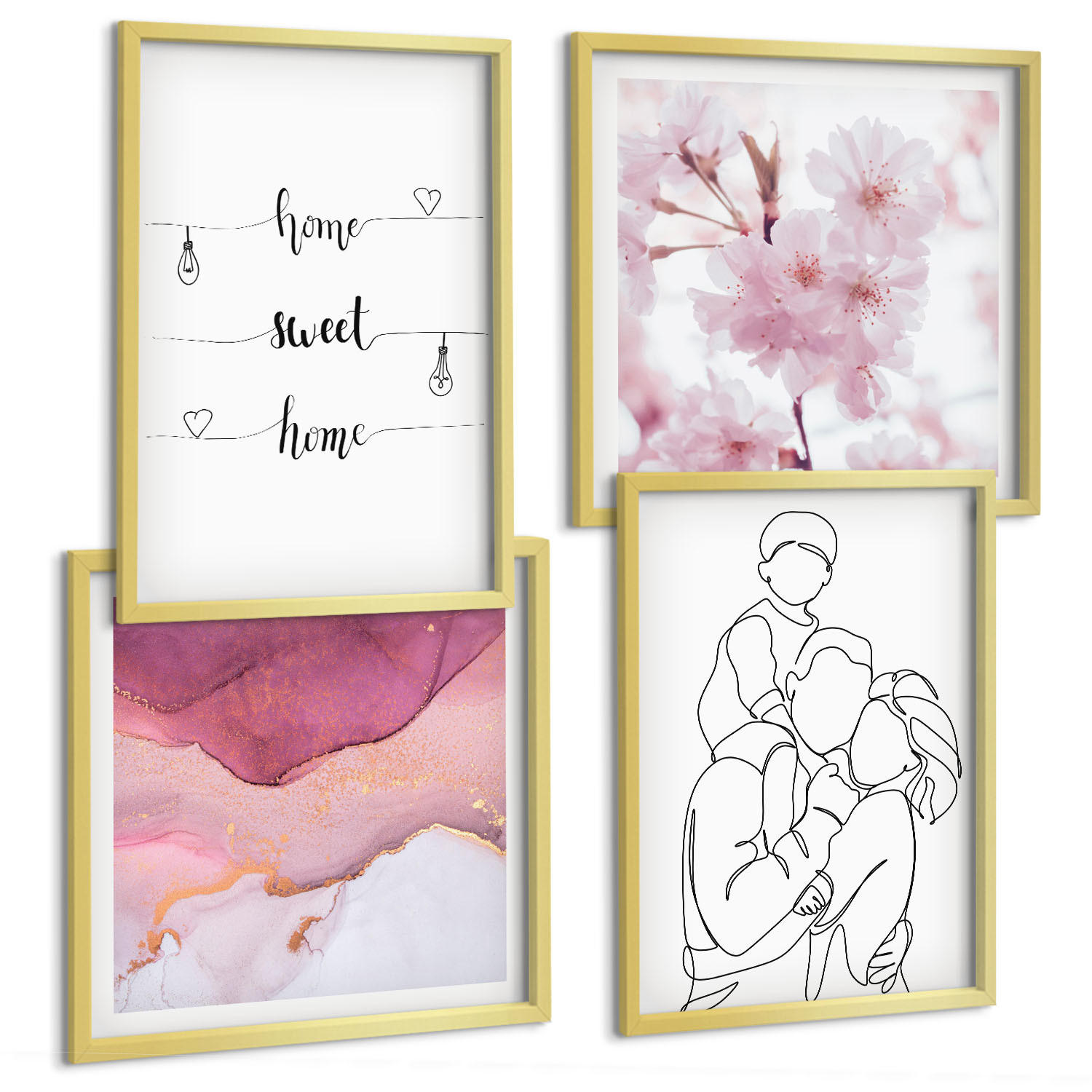 BILDER SET 4er Set - 50x50 cm & 40x60 cm Goldrahmen - Blumenfamilie minimalistisch - Goldfarben, Kunststoff (50/50cm) - TULUP