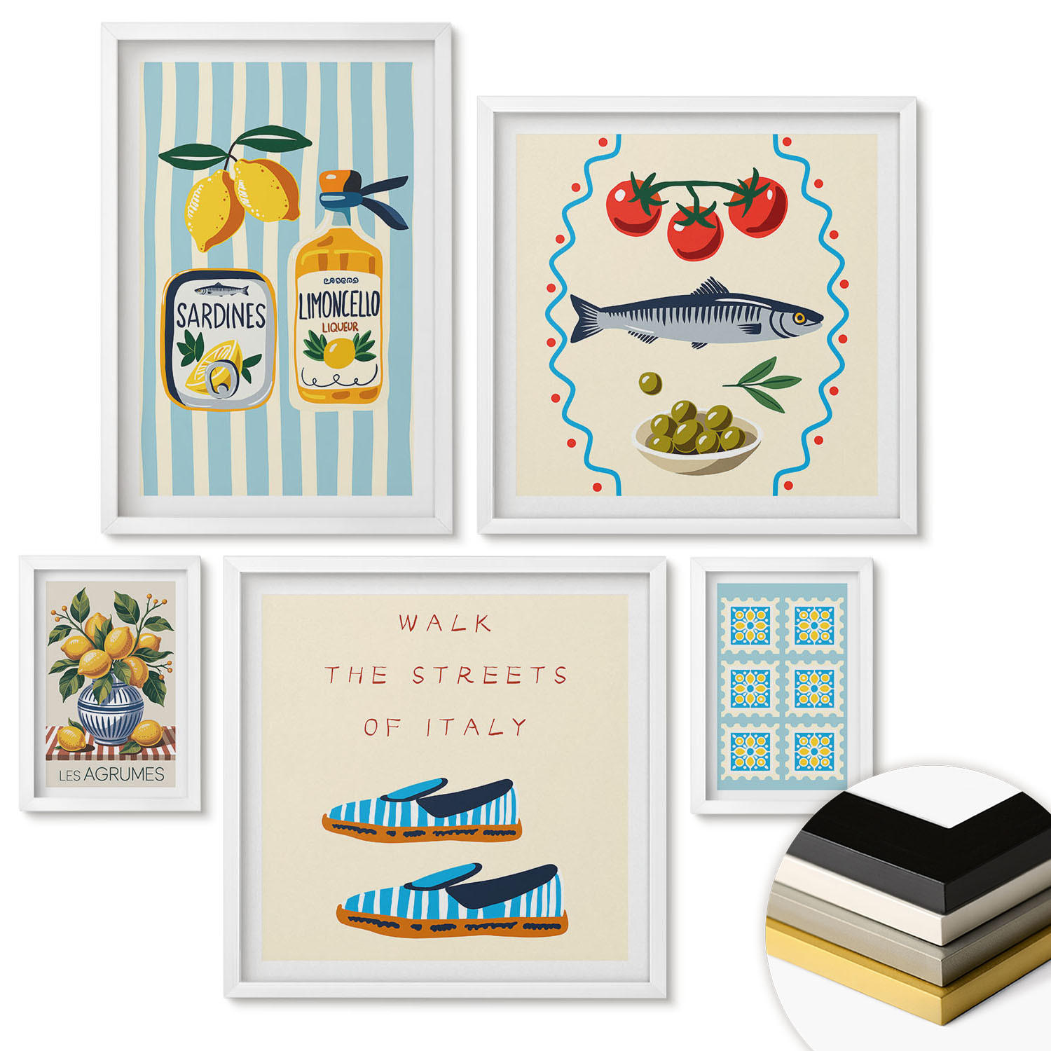 WANDBILDER 5er-Set - 50x50 cm & 20x30 cm & 40x60 cm Weißer Rahmen - Italienische Aromen, farbenfrohe Bilder - Weiß, Kunststoff (40/60cm) - ArtPrintCave