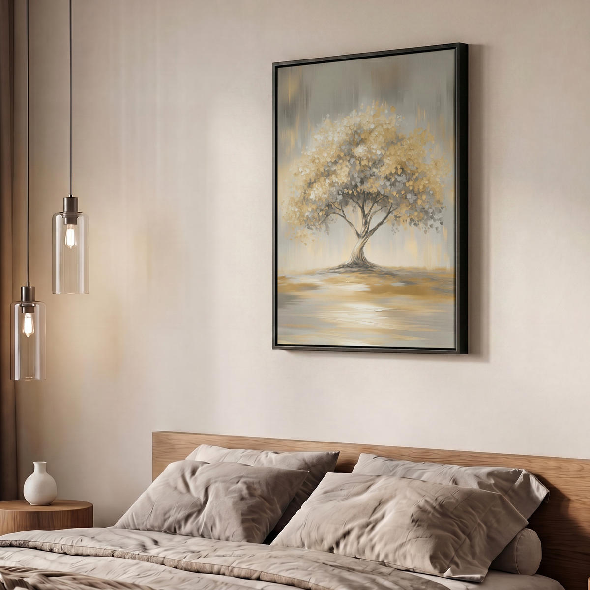 LEINWAND Bilder mit Rahmen - Gemälde - Baum - Abstrakt - Blätter - 60x80 - Beige, Textil (60/80cm) - MuchoWow