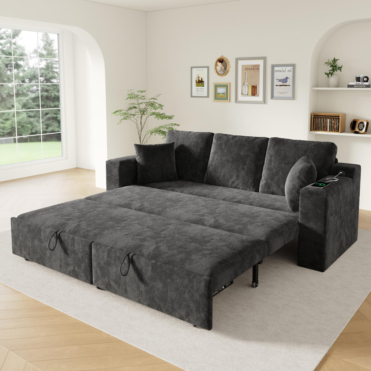 SCHLAFSOFA mit Schlaffunktion, USB, Stauraum, Grau, 210,5/192/93 cm - Grau, Textil (210.5/93/192cm) - EVRYAE