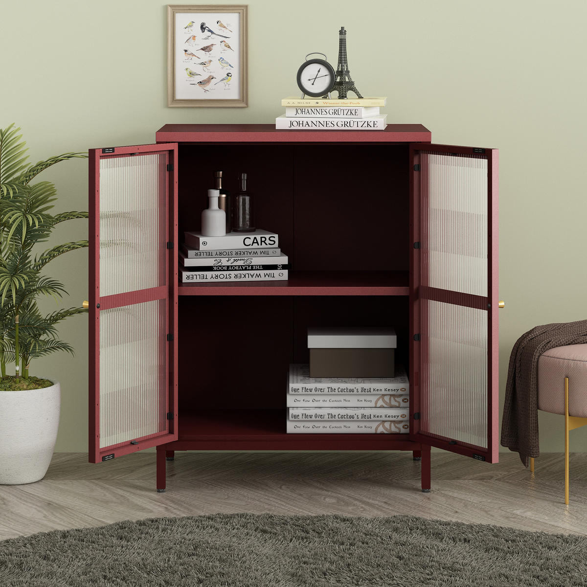 VITRINE Säkylä - Transparent/Bordeaux, Glas/Metall (64/84/35cm) - [en.casa]