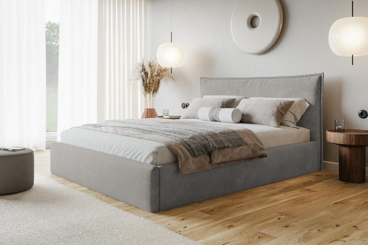 BETT 120x200 - Polsterbett mit Bettkasten und Holzrahmen - Modern Betten - Weicher Jasminstoff - Kollektion Rimini - Grau - Grau, Holz/Textil (120/200cm) - Alpi-Möbel