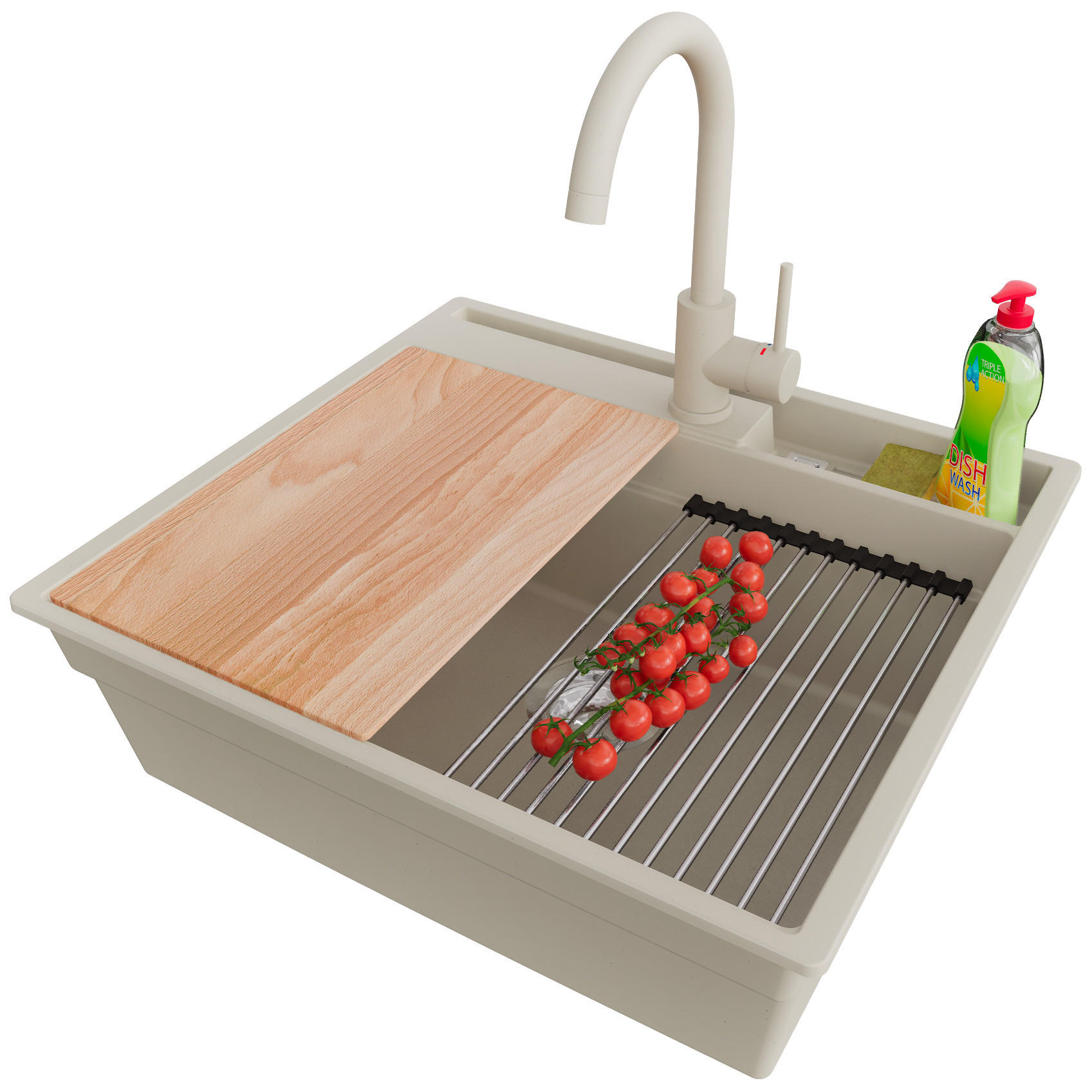 GRANITSPÜLE Oslo Pocket, 2-er set Beige 58/53 cm 1 Becken + Küchenarmatur 32/20 cm + Ablauf-Set + Küchenzubehörset ab 60er Unterschrank - Chromfarben/Beige, Kunststoff (58/20/53cm) - Primagran