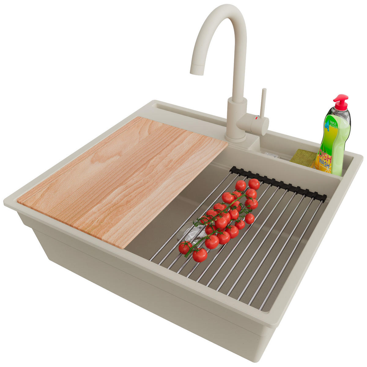 GRANITSPÜLE Oslo Pocket, 2-er set Beige 58/53 cm 1 Becken + Küchenarmatur 32/20 cm + Ablauf-Set + Küchenzubehörset ab 60er Unterschrank - Chromfarben/Beige, Kunststoff (58/20/53cm) - Primagran