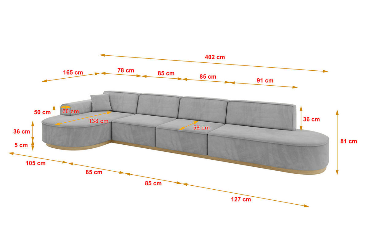 ECKSOFA Ottomane Links MARI-L3-v2 - 413x171x83 cm Grau Velours - Grau, Holzwerkstoff/Textil (413/171cm) - ALTDECOR