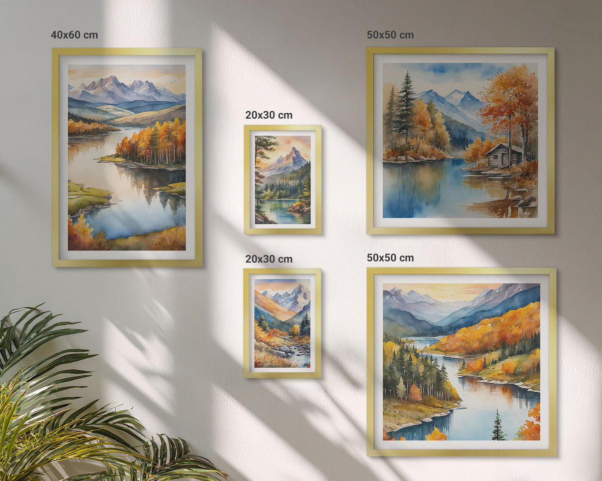 BILDER SET 5er Set - 50x50 cm & 20x30 cm & 40x60 cm Goldrahmen - Berglandschaft mit einem Fluss - Goldfarben, Kunststoff (40/60cm) - TULUP