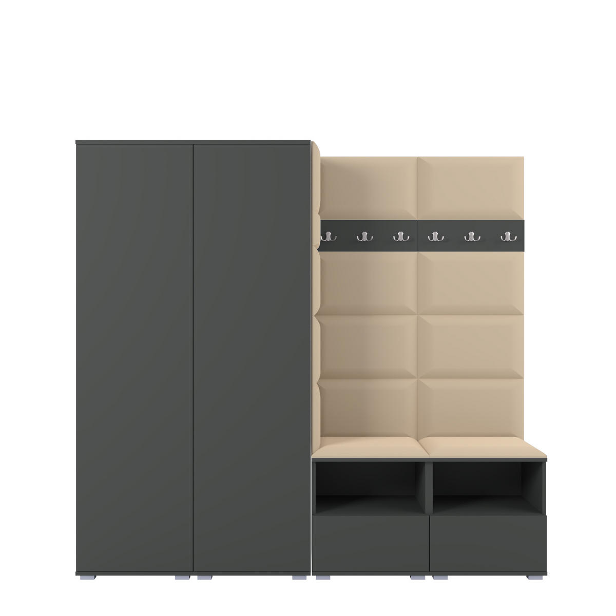 GARDEROBE NELA VI 200 cm (Kompaktgarderobe Graphit mit Sitzpolster Beige 04 Schrank & Paneel) - Beige/Silberfarben, Holz/Holzwerkstoff (200/187/40cm) - Ravio