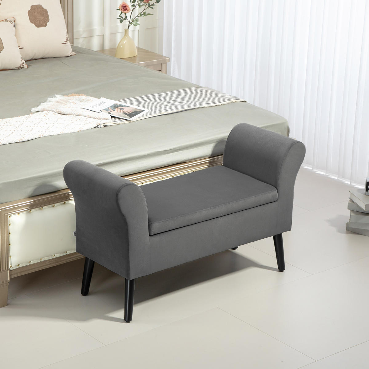 SITZBANK Polsterbank mit Stauraum Truhenbank mit Armlehnen Sitzhöhe 46 cm - Dunkelgrau, Kunststoff (41/65/111.5cm) - HOMCOM
