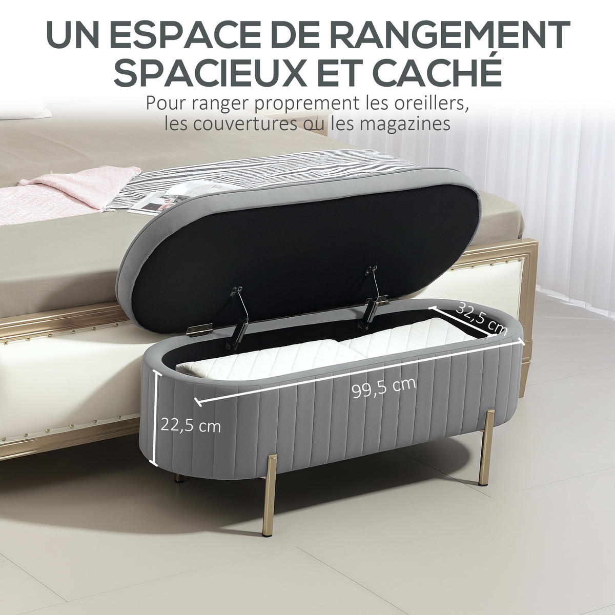 TRUHENBANK DE-16428 oval mit Samtbezug und Stauraum Grau - Grau, Textil (108/43.5/44cm) - ComfortXL