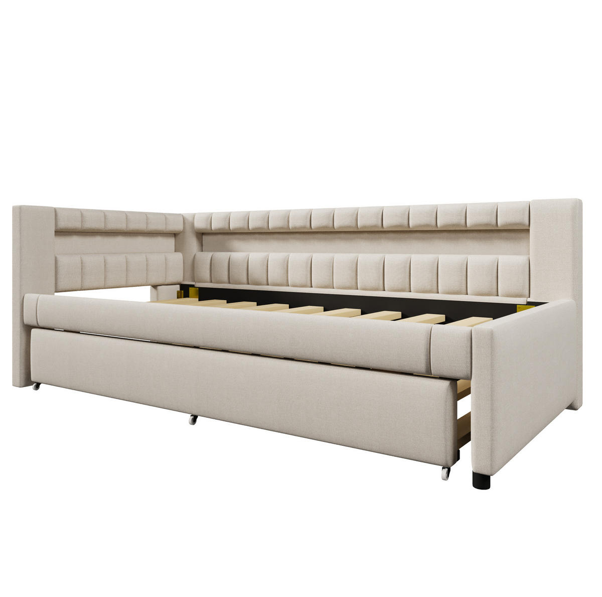 POLSTERBETT 90/200 cm Beige aus Leinen mit Ausziehbett und LED-Lichtleiste - Beige, Textil (90/200cm) - OKMYHOME