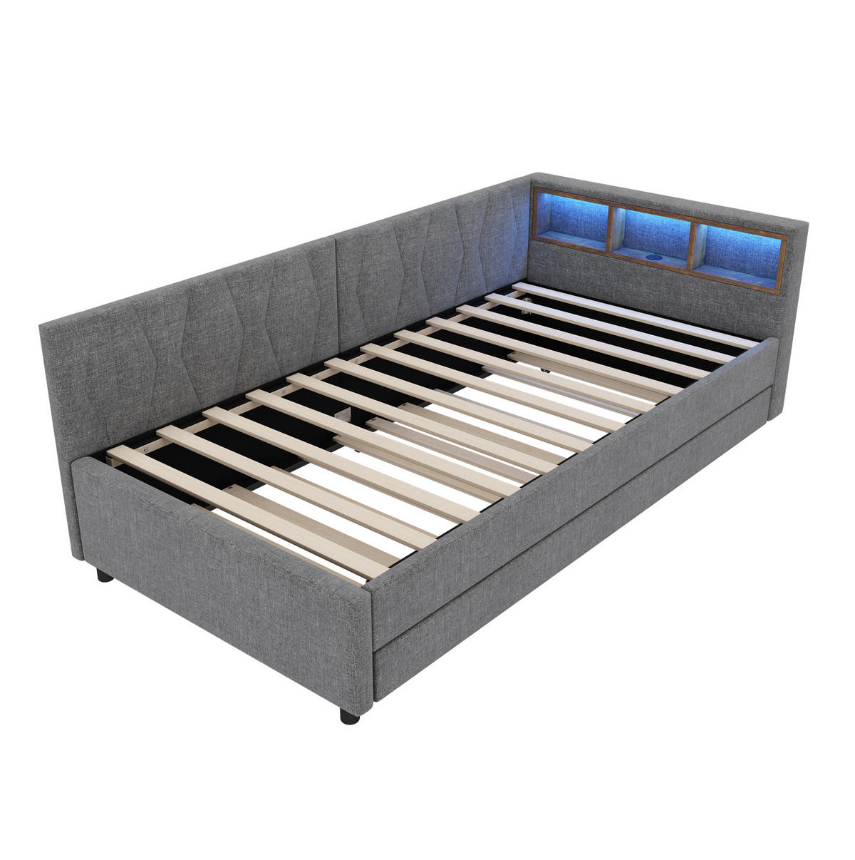 POLSTERBETT 90/200 cm Grau mit LED-Beleuchtung und USB- und Type-C-Anschlüssen - Grau, Textil (90/200cm) - Flora Grace