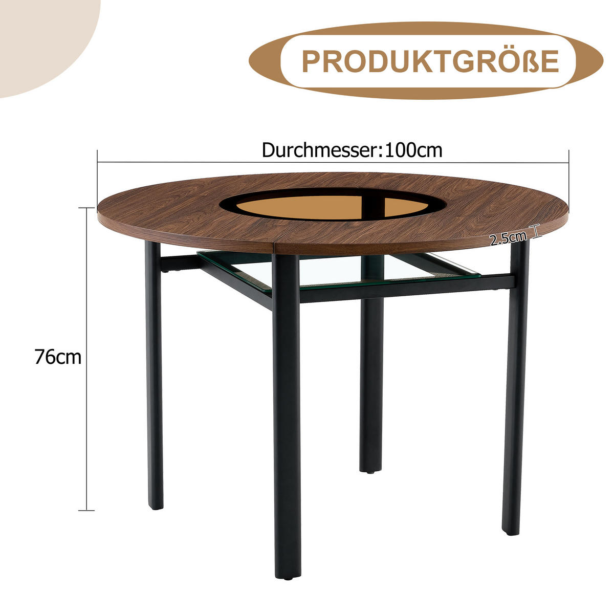 ESSTISCH 100/100/76 cm Braun Schwarz mit Glasintarsie und Ablage aus MDF Metall - Braun, Holzwerkstoff (100/100/76cm) - OKWISH
