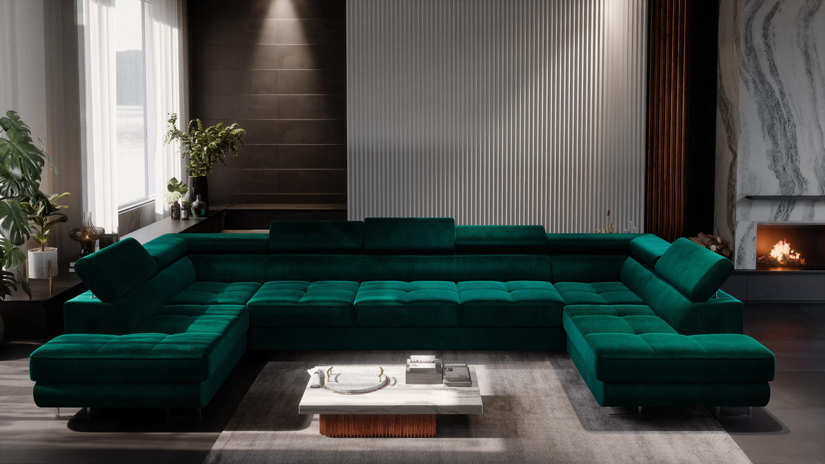 ECKSOFA U-Form WILD MAXI U2 mit Schlaffunktion 125x329 Velours Dunkelgrün - Chromfarben/Dunkelgrün, Holz/Textil (400/90/203cm) - Muffo