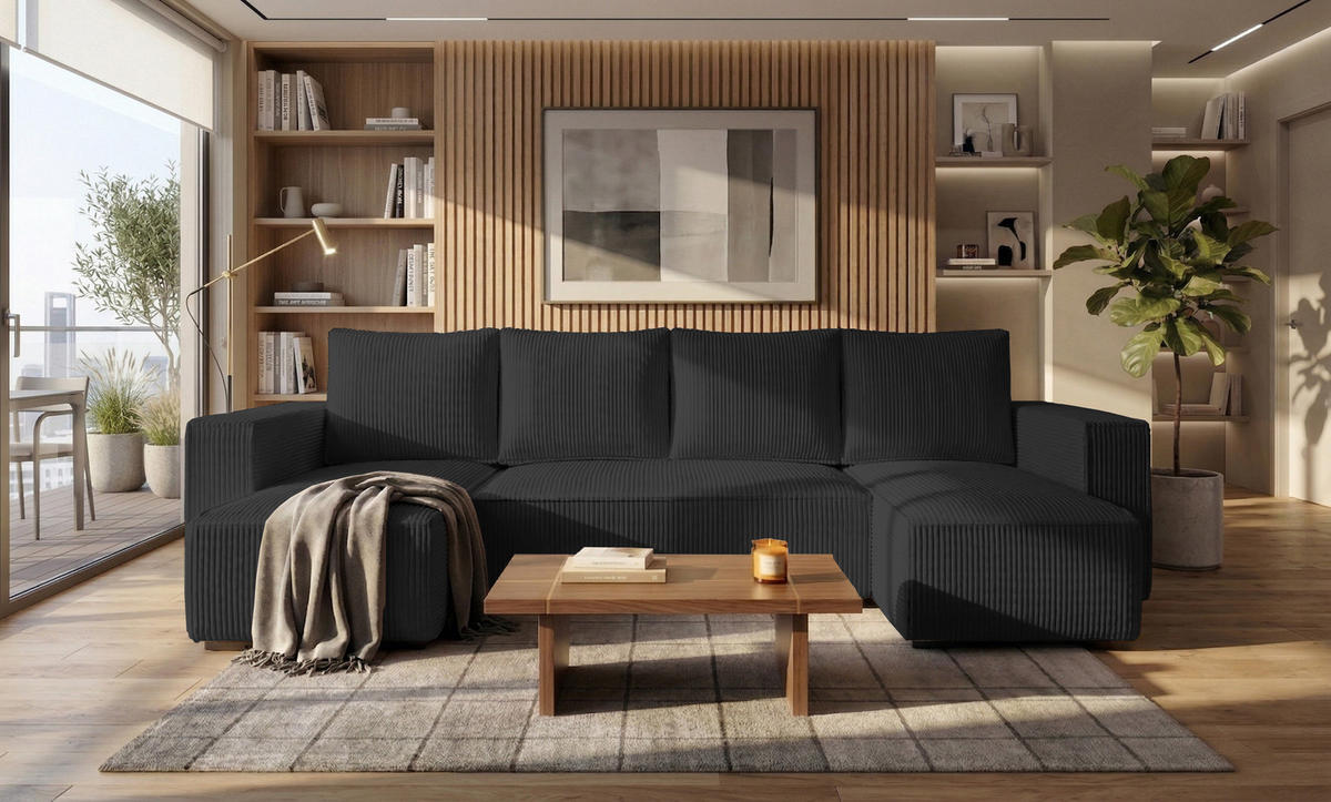 WOHNLANDSCHAFT CUDDY Umit Schlaffunktion und Bettkasten, Farbe: Schwarz, Cordstoff - Schwarz, Textil (305/85/140cm) - Storez24