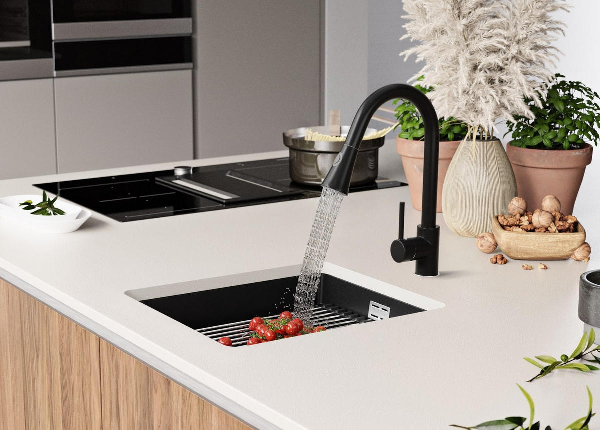 UNTERBAUSPÜLE GRANIT Praga, 2-er set Schwarz 41/47 cm 1 Becken + Ablauf-Set + Aufrollbare Abtropffläche ab 45er Unterschrank - Chromfarben/Schwarz, Kunststoff (41/20/47cm) - Primagran