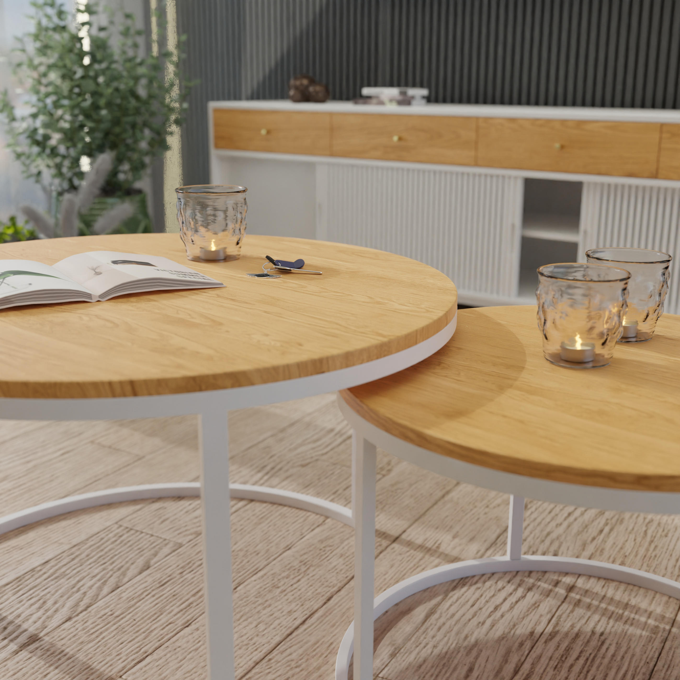 Thumbnail - Idohome Couchtisch, Eiche Wotan, Weiß, Holzwerkstoff, Rund, 80x48x80 cm, Wohnzimmer, Wohnzimmertische, Couchtische