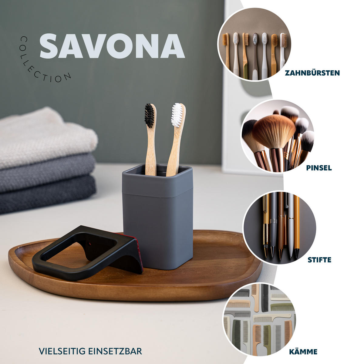 ZAHNPUTZBECHER SAVONA Softtouch, grau, eckig - Grau, Kunststoff (9/10.5/9cm) - bremermann