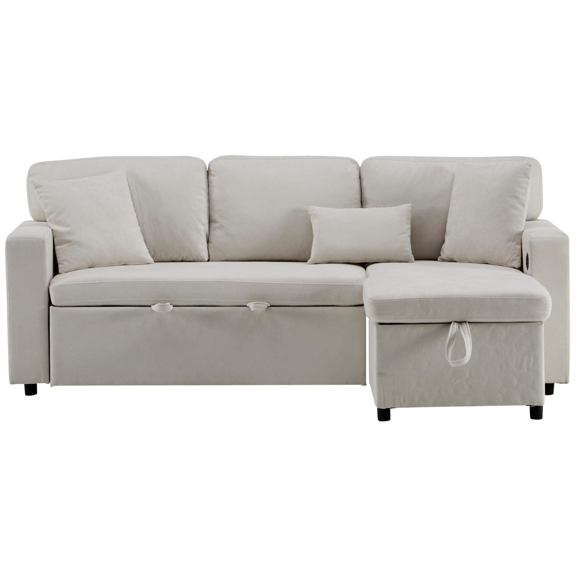 SCHLAFSOFA aus Flanellstoff 214x131x87 cm Beige mit USB-Anschluss, Stauraum und flexibel montierbarer Ottomane - Beige, Textil (131/87/214cm) - Modfu