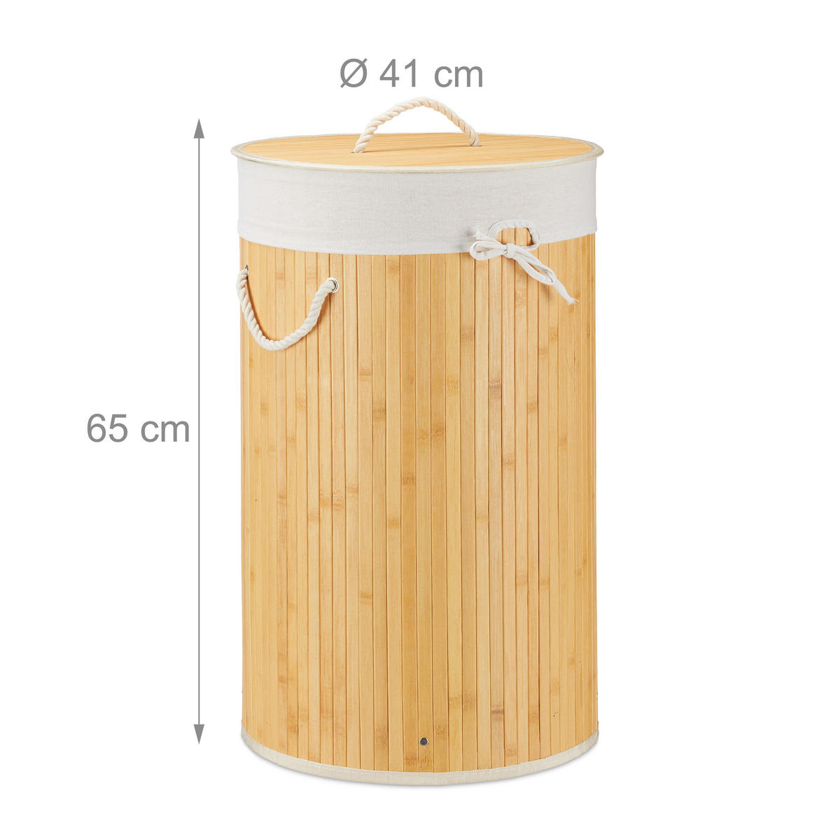TVÄTTKORG kräm bambu rund med lock hopfällbar 70 l - Cremefärgad, Trä/Textil (41/65/41cm) - Relaxdays