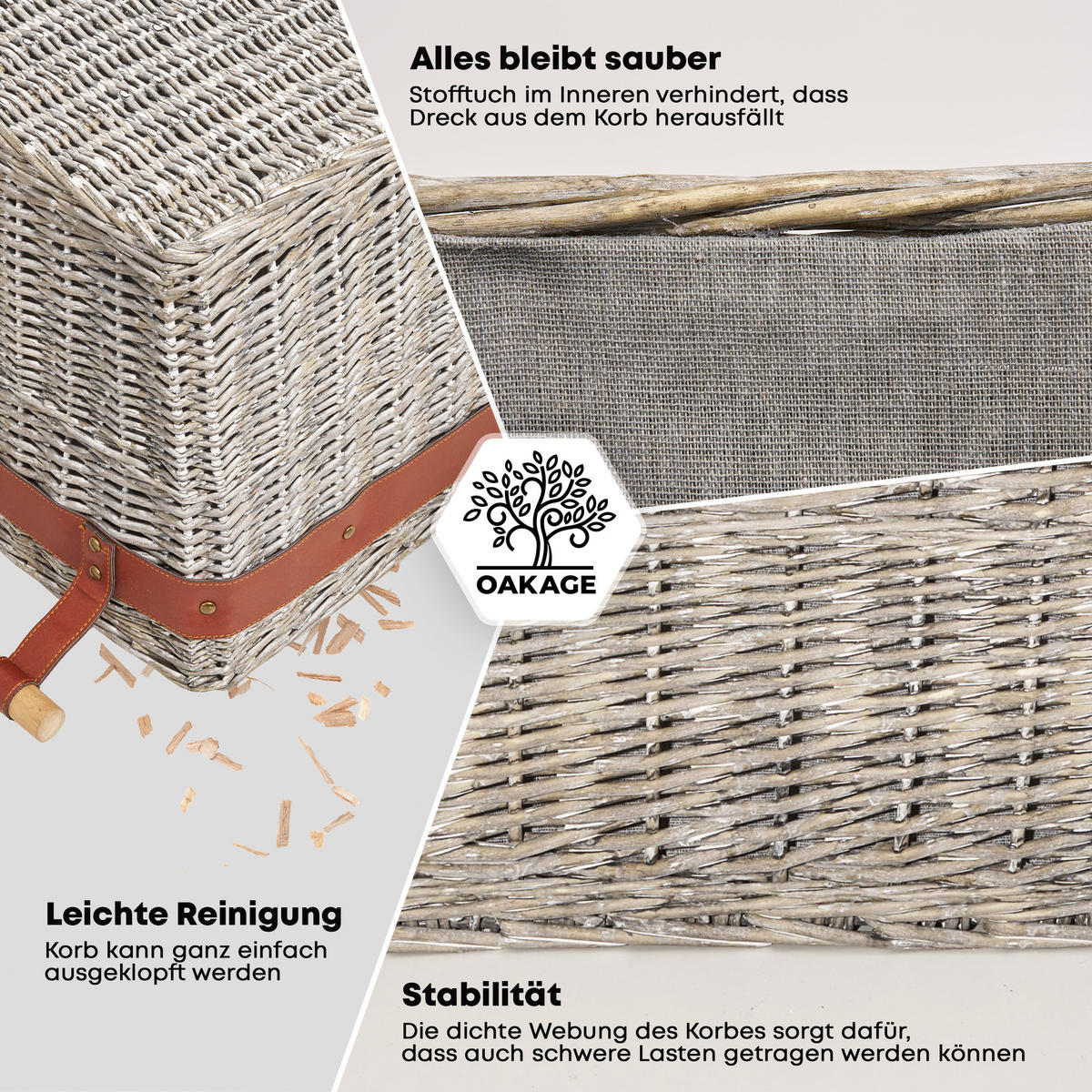 KAMINHOLZKORB WillowWrap Weide mit ausreißsicheren Holzgriffen 50/40/35 cm - Grau, Naturmaterialien (40/35/50cm) - OAKAGE