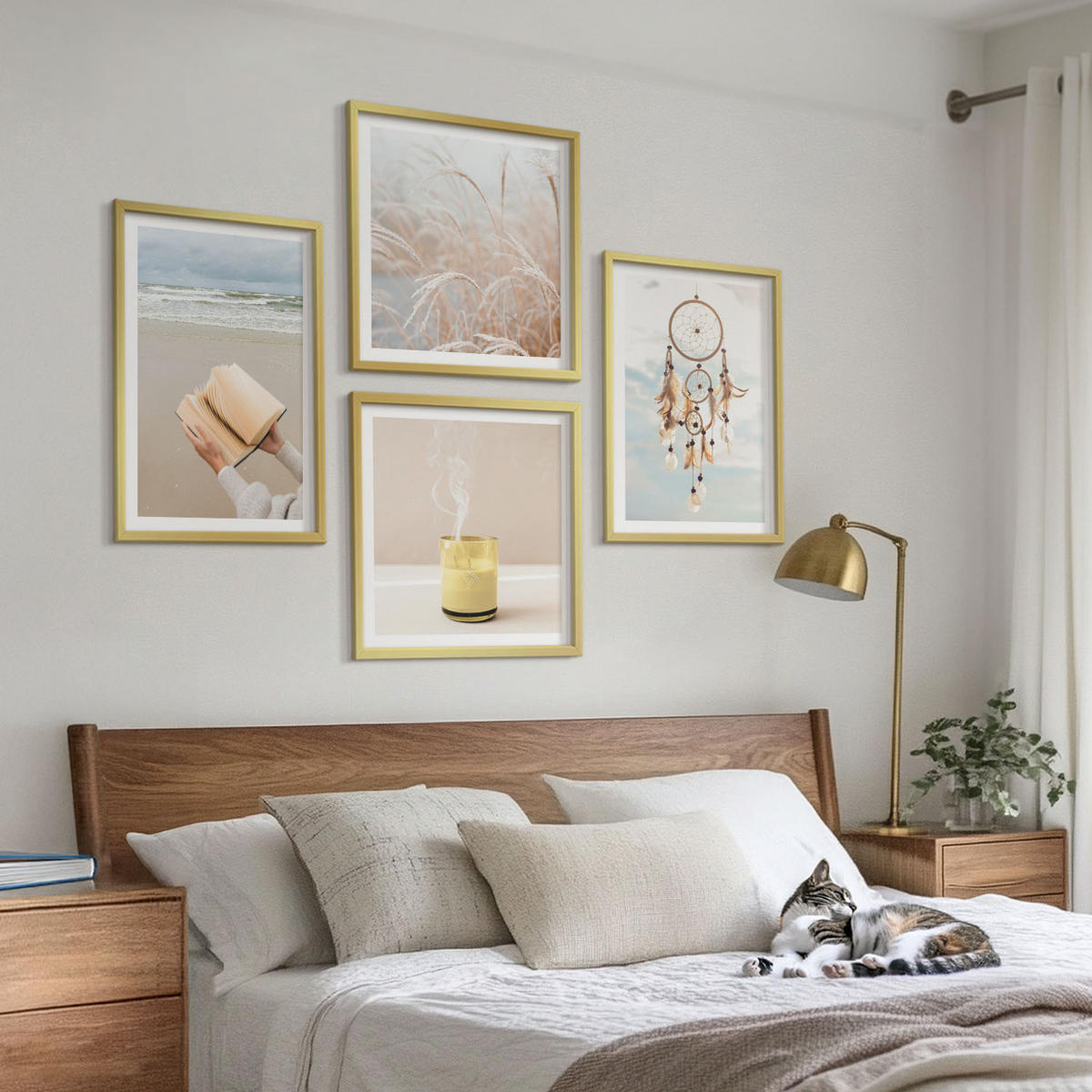 WANDBILDER 4er Set - 50x50 cm & 40x60 cm Goldrahmen - Sommerlandschaften im Boho-Stil - Goldfarben, Kunststoff (50/50cm) - ArtPrintCave