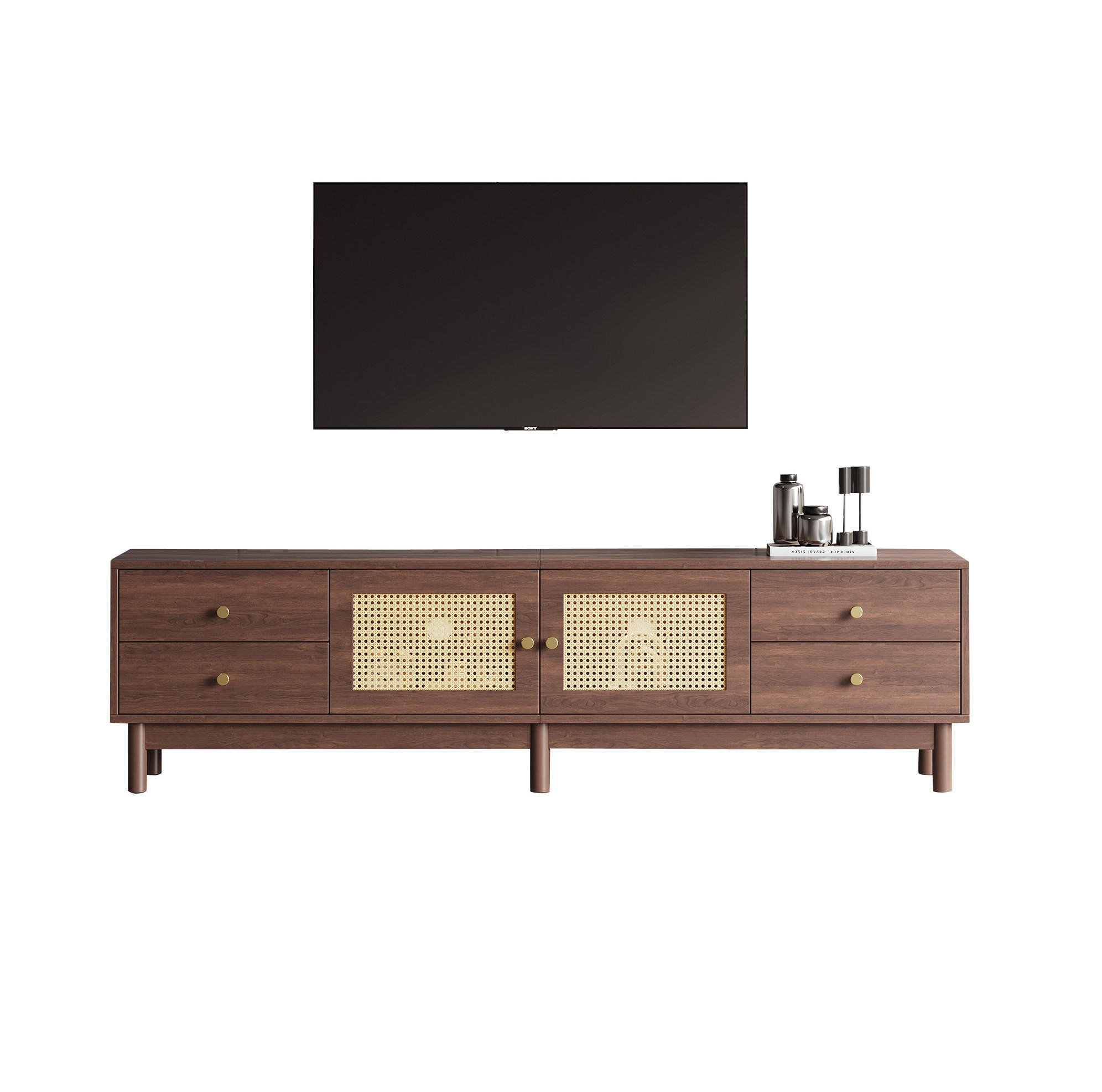 TV-SCHRANK 180/35/44 cm braun Spanplatte mit Rattantüren und 4 Schubladen - Rotbraun, Holzwerkstoff (180/44/35cm) - OKWISH