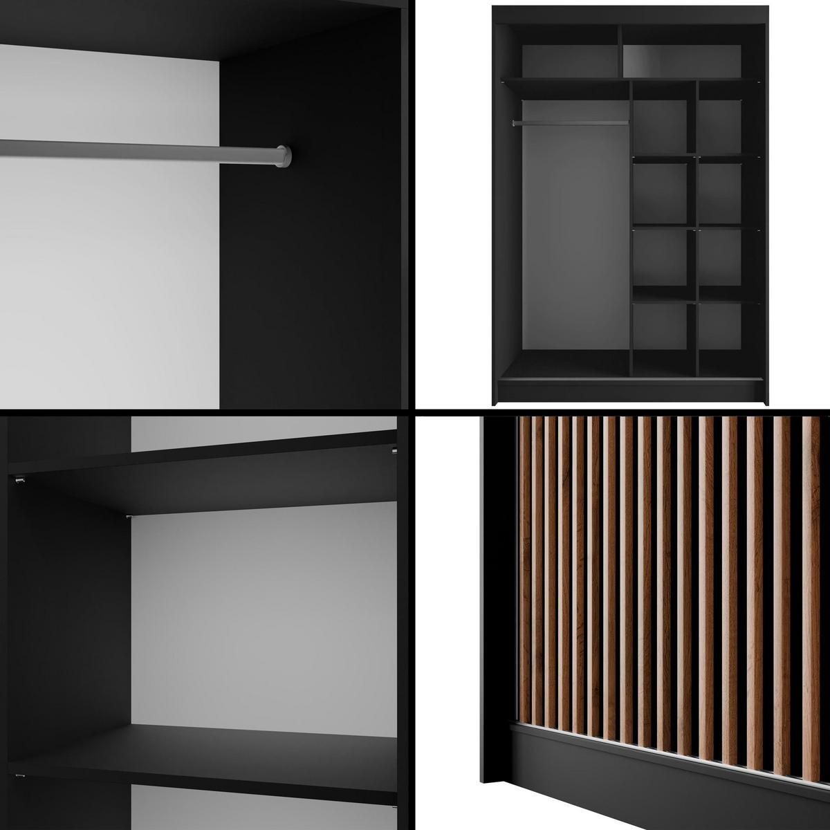 KLEIDERSCHRANK mit Lamel-Schiebetüren VILANv2 - 150 cm Schwarz + Lamelle Eiche Wotan - Eiche Wotan/Schwarz, Holzwerkstoff (150/215/61cm) - ALTDECOR