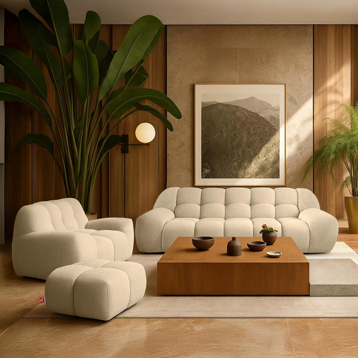 SITZGARNITUR VENA Bouclé, Hellbeige - Beige, Holz/Textil (65/38/65cm) - KONSIMO®