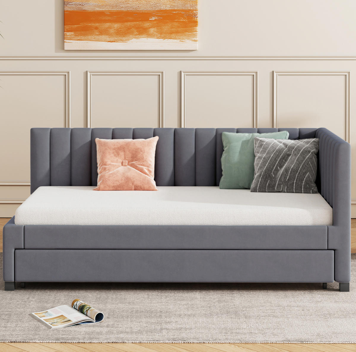 SAMT-POLSTERBETT 90/200 cm mit ausziehbarem Unterbett und Lattenrost - Grau, Textil (90/200cm) - BEAOK