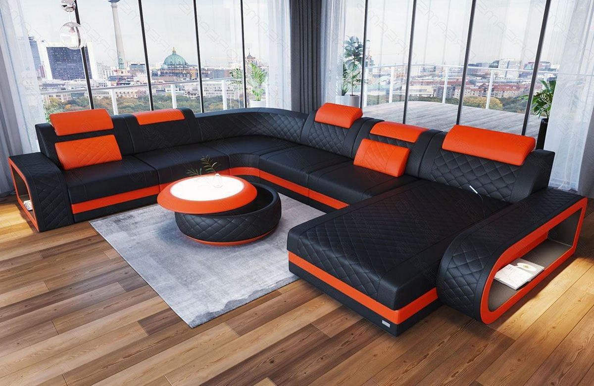 WOHNLANDSCHAFT Berlin U-Form Mini Schwarz Orange Kunstleder - Rot/Schwarz, Textil (264/80/362cm)