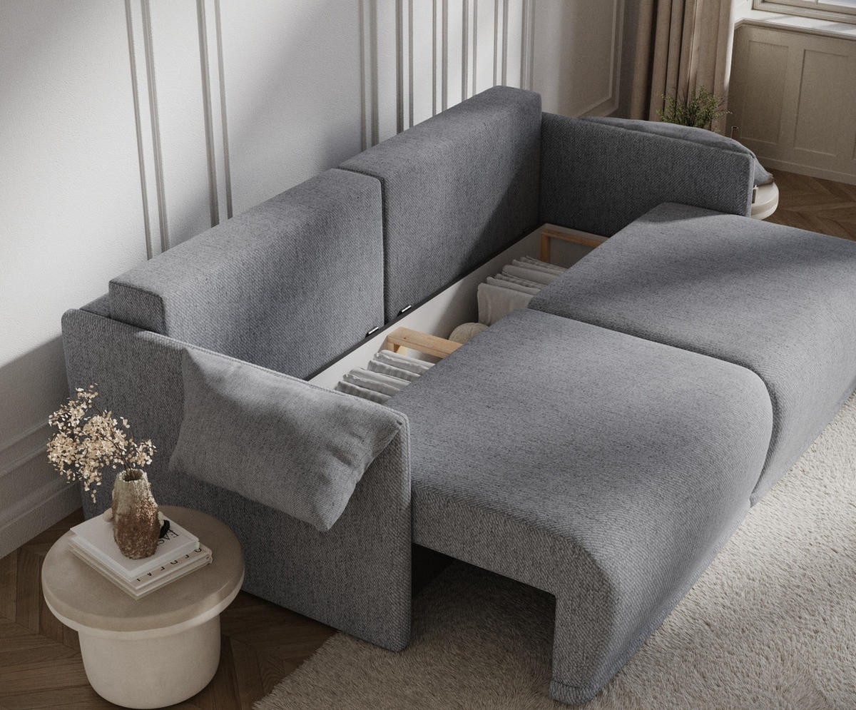 SCHLAFSOFA MIT ECKSOFA-FUNKTION Nappa Grau Webstoff - Schwarz/Grau, Holz/Holzwerkstoff (215/100/112cm) - Maison de Reve