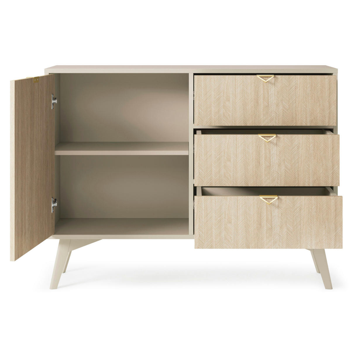 SIDEBOARD TOFINO KOM1-3S Holzbeine Beige Fischgrätenmuster - Eichefarben/Beige, Holz/Holzwerkstoff (106/80/38cm) - Komodee
