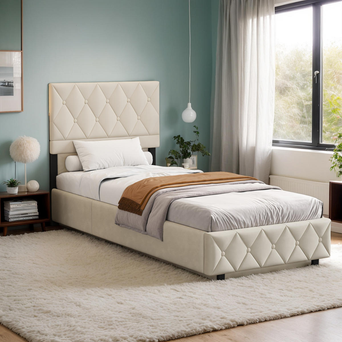 POLSTERBETT 90/200 cm Beige mit hydraulischem Stauraum aus Samt - Beige, Holzwerkstoff (90/200cm) - OKWISH