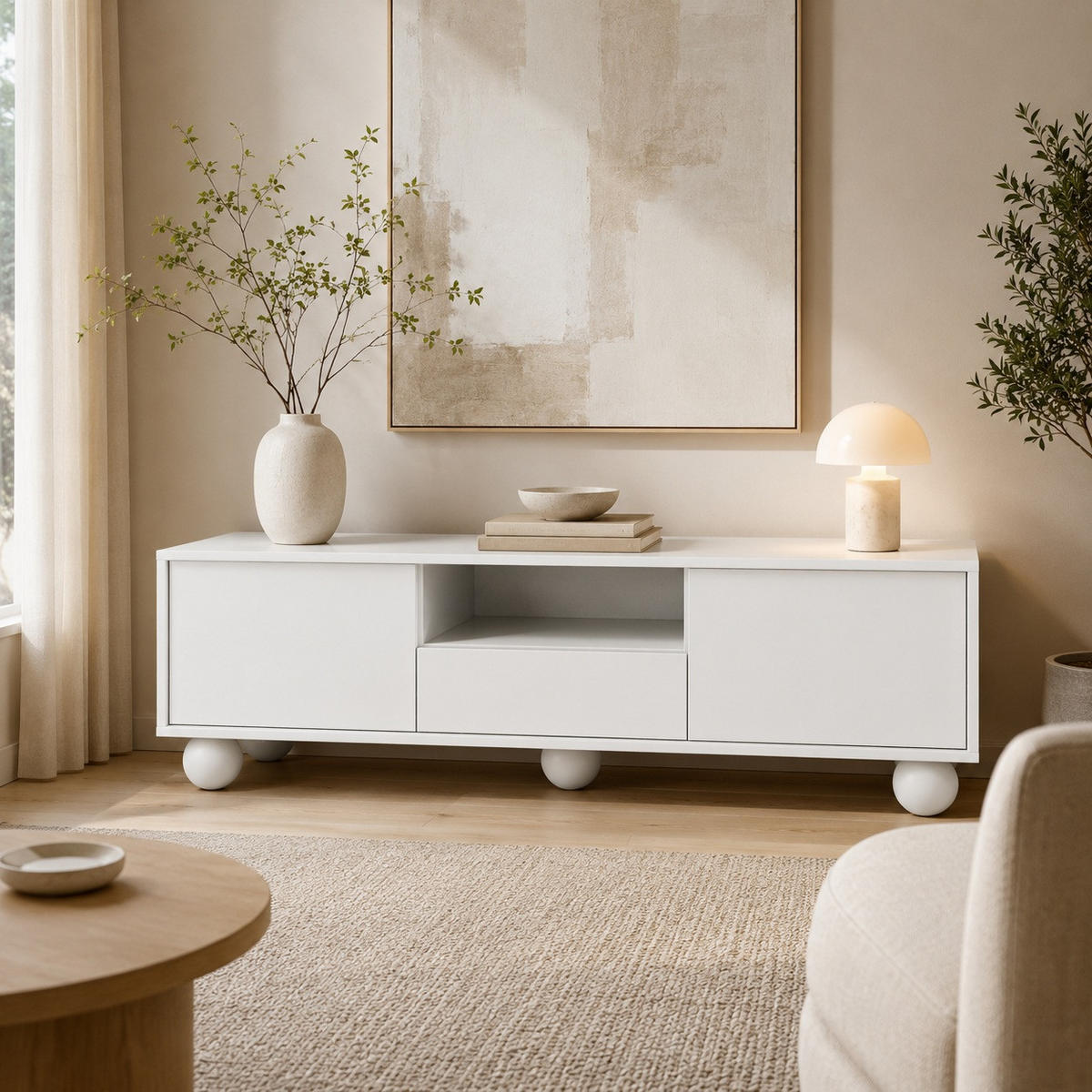 LOWBOARD Adel mit 2 Türen 1 Schublade und runden Füßen, 154 cm, Griffloss, Weiß - Weiß, Holzwerkstoff (154/46/38cm) - Beautysofa
