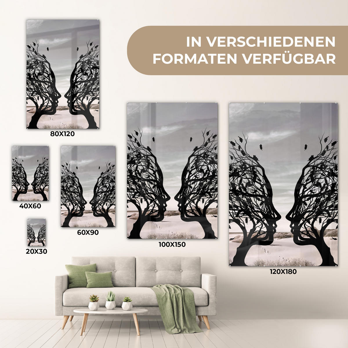ACRYLGLASBILD Strand - Meer - Menschen - Baum - Moderne Kunst 40x60 cm - Hellgrau, Glas (40/60cm) - MuchoWow