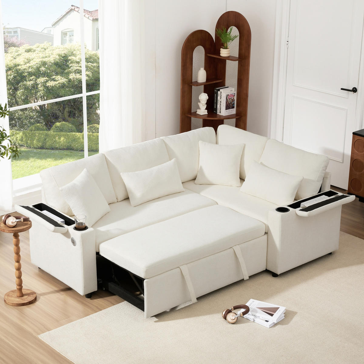ECKSOFA 206,5/141/86 cm Beige aus Chenille mit Schlaffunktion - Beige, Textil (141/206.5cm) - OKWISH