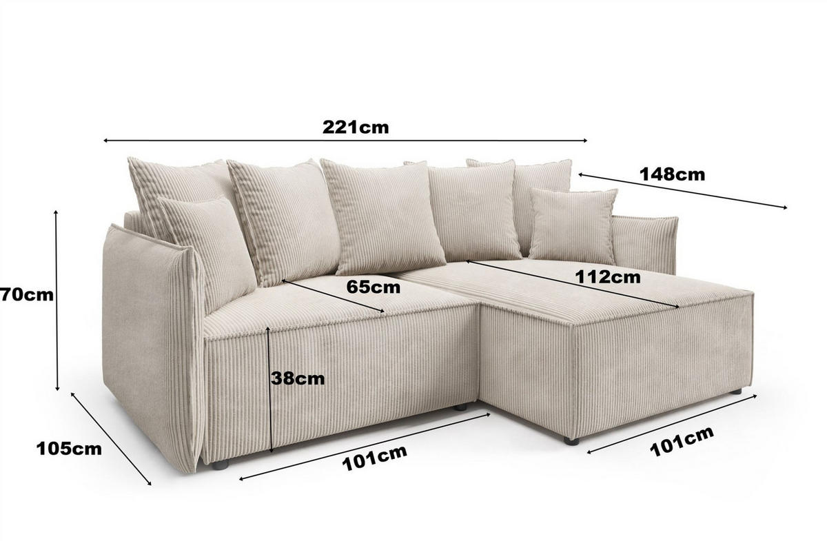 ECKSOFA Minea Mit Schlaffunktion - Hellgrau, Holzwerkstoff/Textil (221/153cm) - Fun Möbel