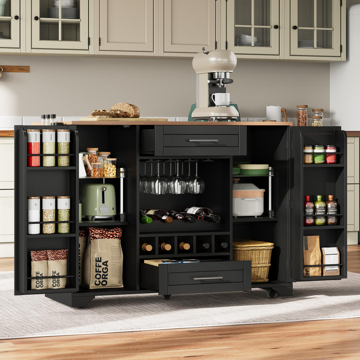 KÜCHENINSEL Schwarz aus MDF mit ausziehbarer Arbeitsplatte 138 × 70 × 92 cm - Schwarz, Holzwerkstoff (138/92/70cm) - Luhomfu