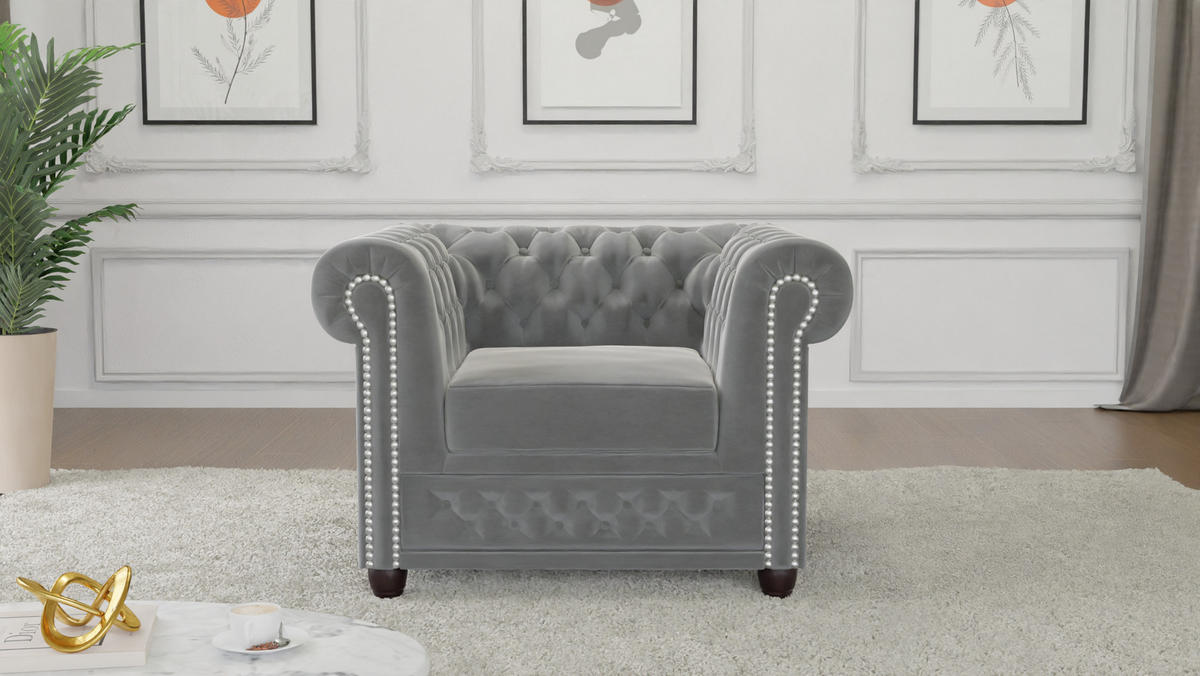 CHESTERFIELD-SESSEL Nyx Grau Samt - Braun/Grau, Holz/Textil (94/72/86cm) - S-Style Möbel