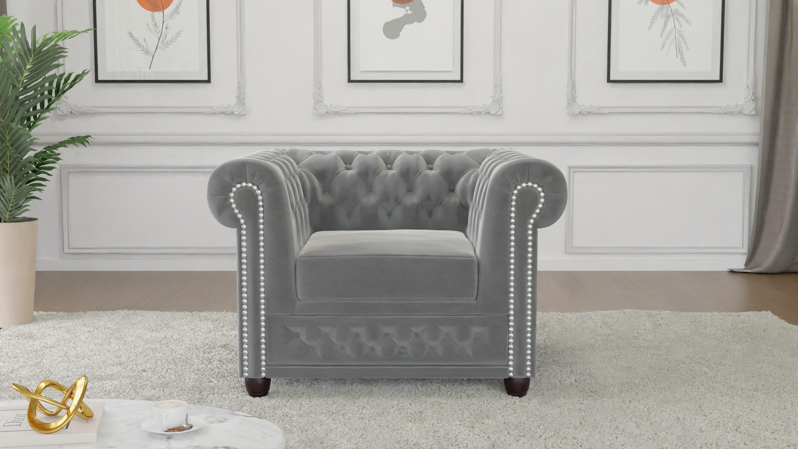 Thumbnail - S-Style Möbel Chesterfield-Sessel, Grau, Textil, Echtholz,Birke, 1-Sitzer, Füllung: Polyetherschaumkern,Silikon,Komforts...