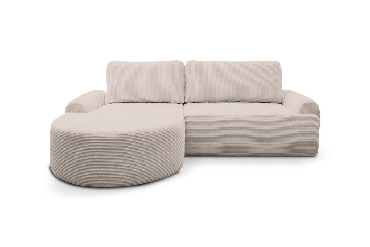 ECKSOFA Dream Cord in L-Form mit Schlaffunktion und Bettkasten, Farbe: Beige, Cordstoff, Ottomane Links - Beige, Textil (136/260cm) - VENASI MÖBEL