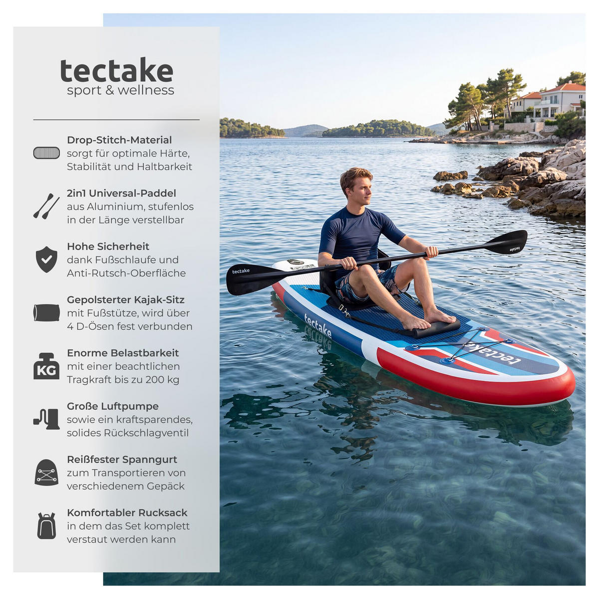 STAND-UP-PADDLE-BOARD 2in1 , 288 x 77 x 22,5 cm, rot/blau - Rot, Kunststoff (288/77/0.23cm) - tectake