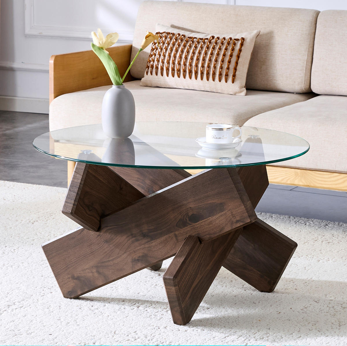 COUCHTISCH aus MDF und Glas 79x79x45 cm Transparent/Walnuss mit kreuzförmigem Gestell und pflegeleichter Oberfläche - Klar, Holzwerkstoff (79/79/45cm) - Modfu