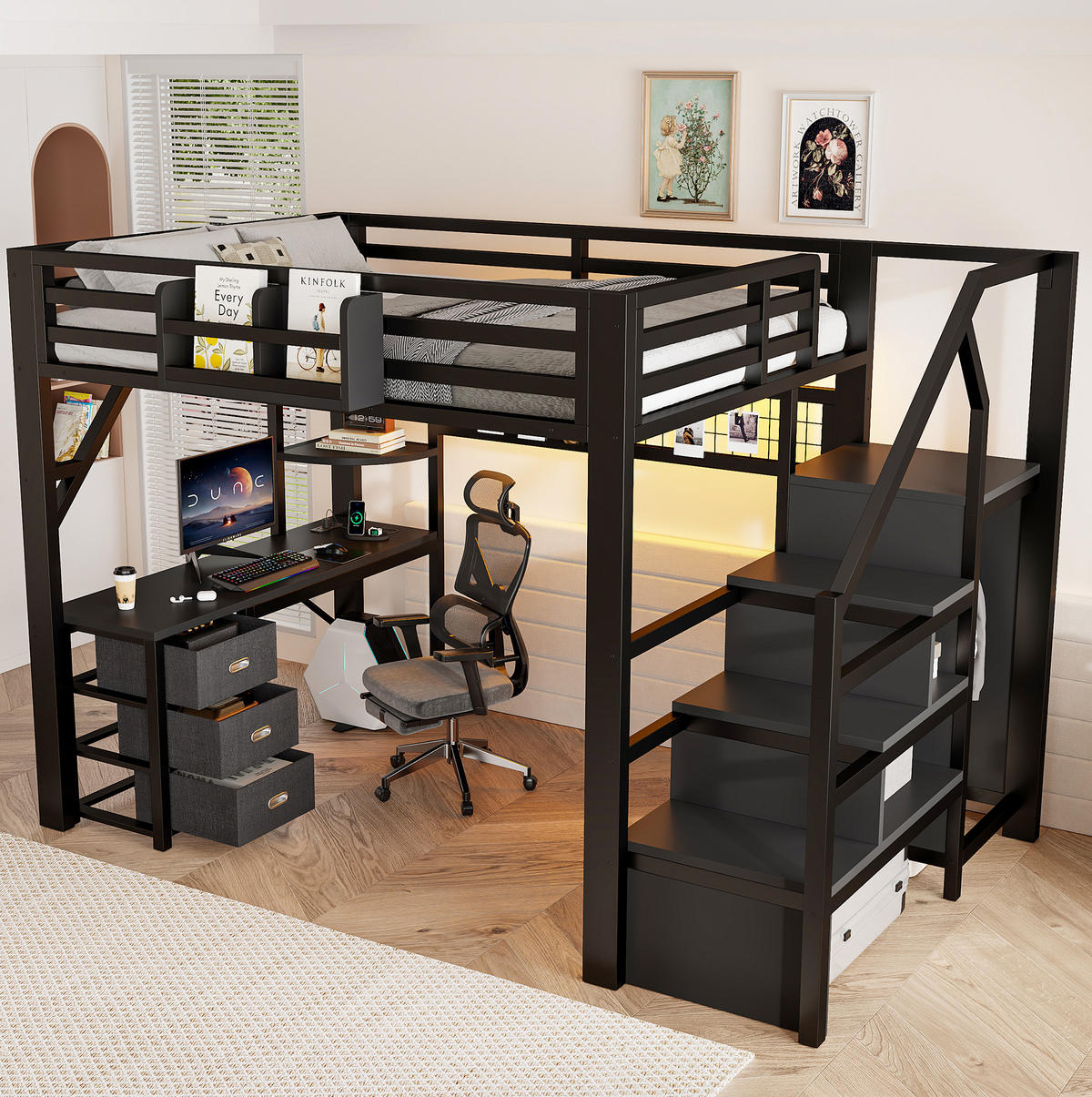 HOCHBETT 140x200 cm in Schwarz mit Schreibtisch, Kleiderschrank und LED-Beleuchtung - Schwarz, Holzwerkstoff (140/200cm) - IVMEU