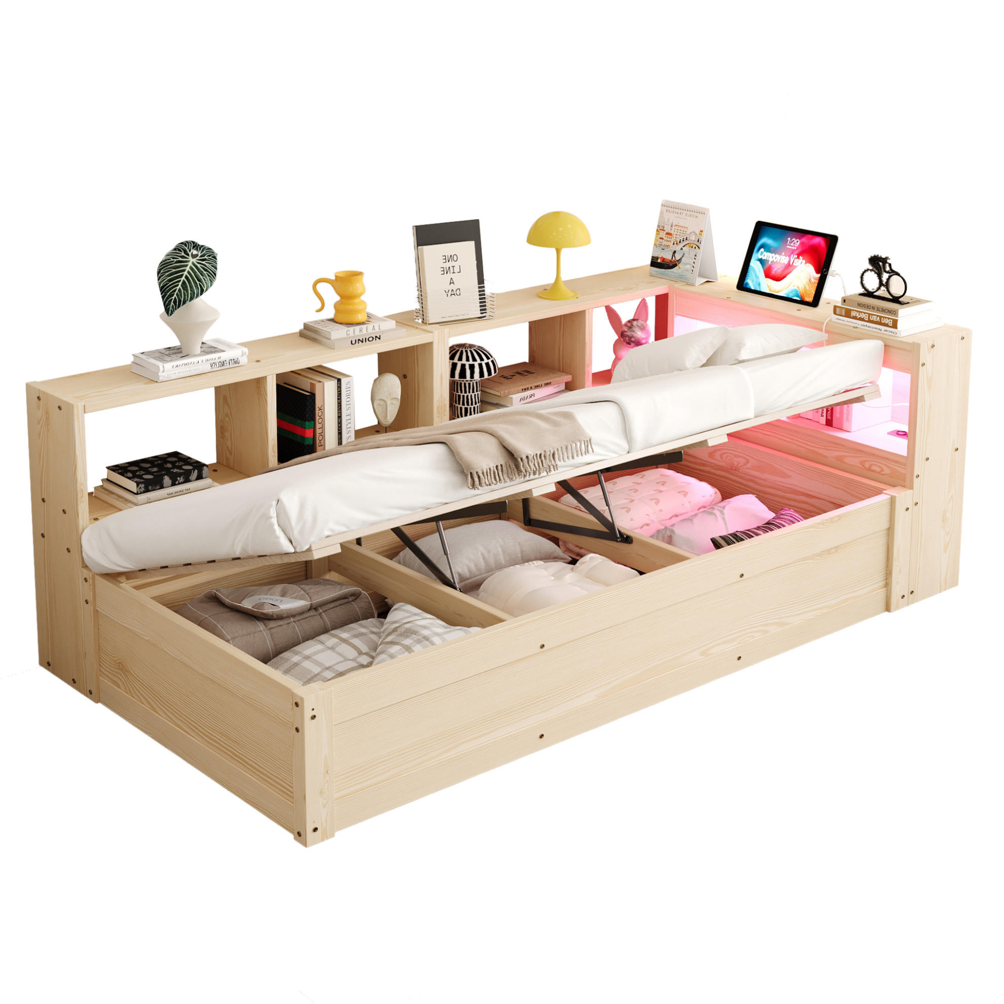 BETT 90/200 cm aus MDF mit LED und Stauraum Naturholz - Naturfarben, Holzwerkstoff (90/200cm) - OKMYHOME