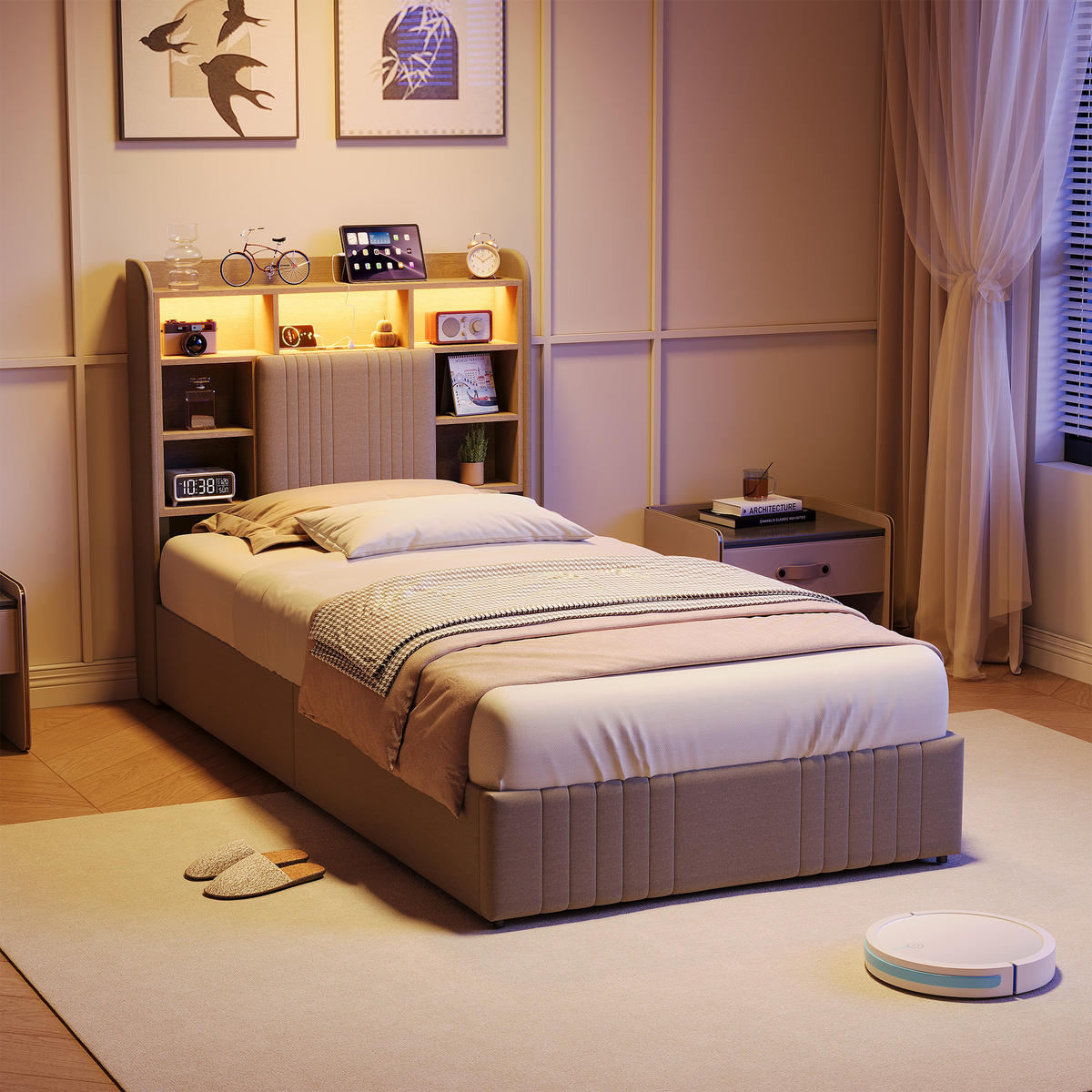 POLSTERBETT 90x200 cm LED USB 2 Schubladen Stauraum Kopfteil Leinen beige - Beige, Holz (90/200cm) - LEBENLANG