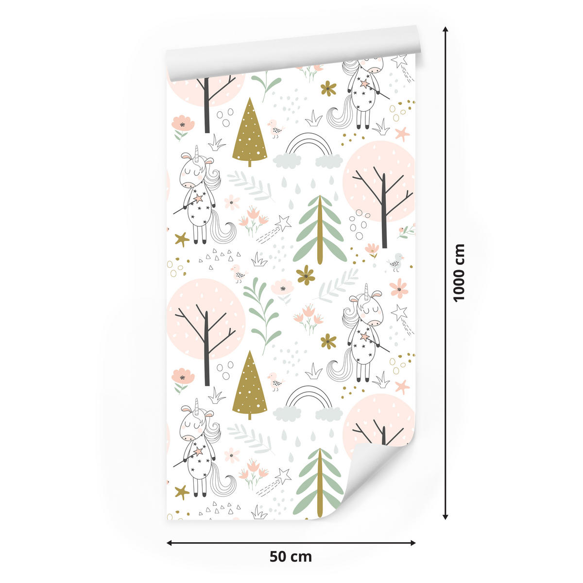 VLIESTAPETE Einhörner und Blumen – Rosa, Grün, Weiß – 50x1000 cm - Rosa/Weiß, Papier (50/1000cm) - Muralo