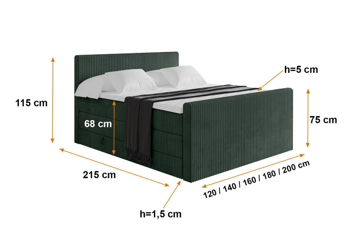 BOXSPRINGBETT mit Matratze H3|H4 und Lattenrost - TOLO-Z KING 200x200 Cord - Dunkelgrün - Dunkelgrün, Holzwerkstoff (200/200cm) - ALTDECOR