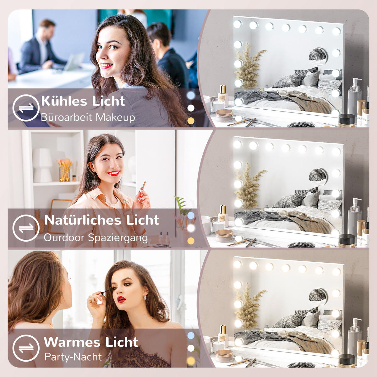 HOLLYWOOD Spiegel mit Beleuchtung, Schminkspiegel mit 15 LED Licht - Weiß, Glas (14/48/58cm) - HOMCOM