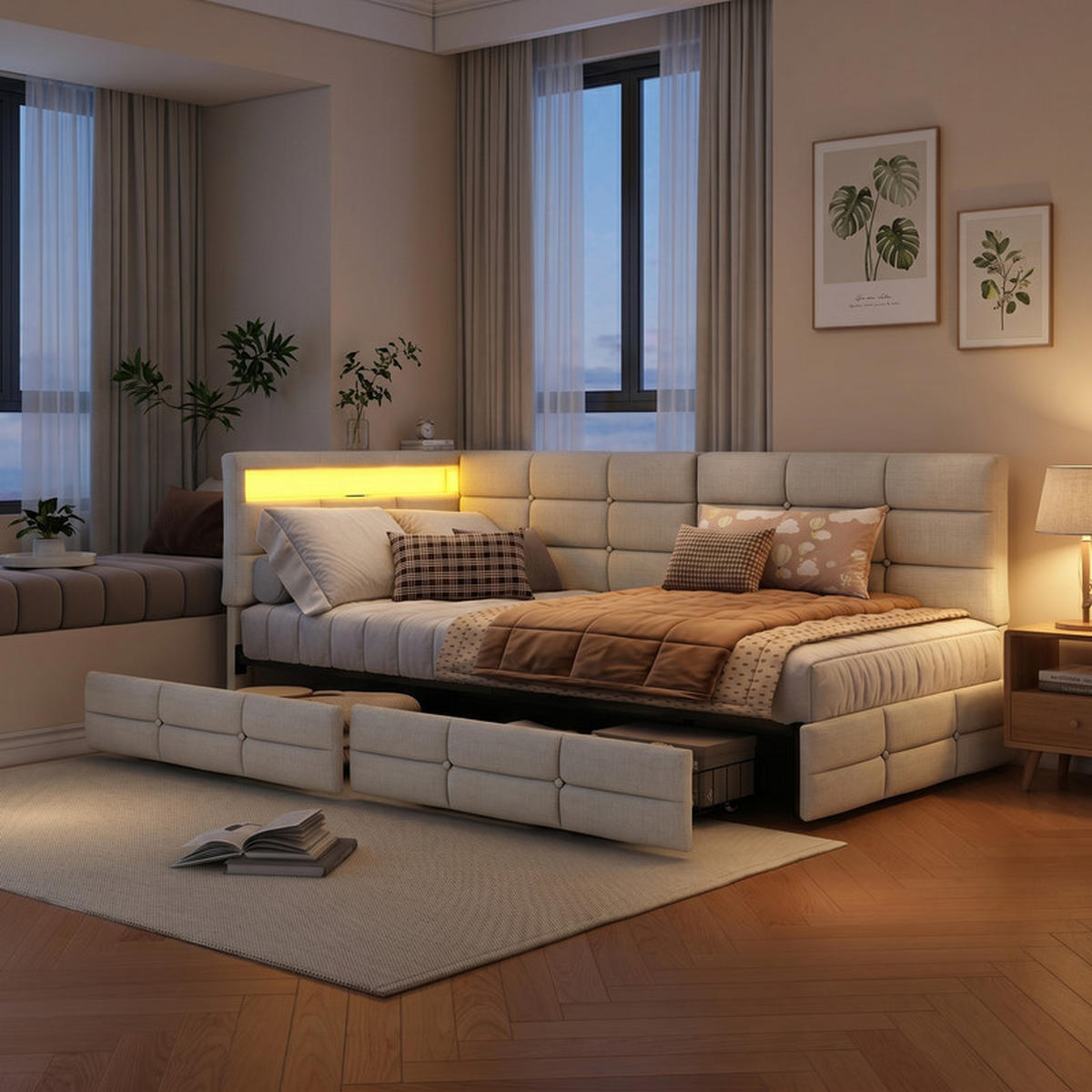 POLSTERBETT 90/200 cm beige mit Schubladen, LED und USB - Beige, Holz - SHOPENTRA